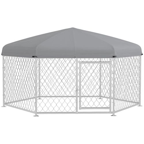 PawHut 6.9' x 6.1' x 4.9' Dog Kennel Outdoor Dog Run with Waterproof, UV Resistant Roof, Lockable Door, for Medium and Large-Sized Dogs, Silver