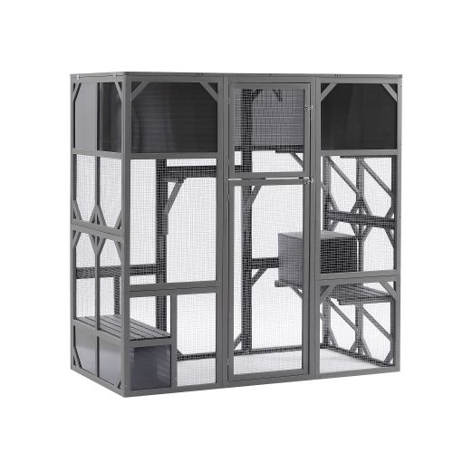 Outdoor Wooden Cat House Catio Enclosure with Super Large Enter Door Cat Kennel with Bouncy Bridge Outdoor Wooden Cat House Catio Enclosure with Super Large Enter Door Cat Kennel with Bouncy Bridge
