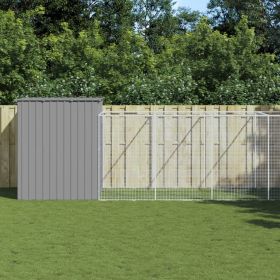 Dog House with Run Light Gray 84.3"x501.2"x71.3" Galvanized Steel (Color: gray)